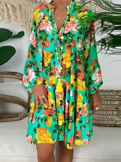 Women‘s Plus Size Curve Casual Dress Floral V Neck Print Long Sleeve Fall Spring Casual Short Mini Dress Daily Vacation Dress -HANs Plus Size Style Shop oadbzk1660643939072