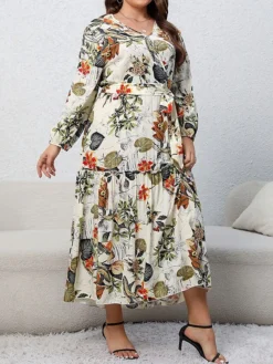 Women's Casual Dress Swing Dress Print Dress Leaf Floral Ruffle Print V Neck Long Dress Maxi Dress Fashion Streetwear Outdoor Daily Long Sleeve Regular Fit Blue Apricot Fall Winter XL XXL 3XL 4XL -HANs Plus Size Style Shop oandmn1697539482626