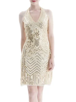 Women's Retro 1920s Sequin Dress Mini Dress Party Halloween Sequins Patchwork Floral Halter Neck Sleeveless Regular Fit Spring Fall 2023 Black Green S M L XL