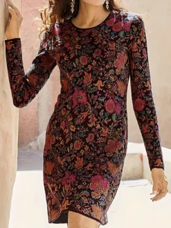 Women's Casual Dress Winter Dress Sweatshirt Dress Floral Print Crew Neck Mini Dress Fashion Streetwear Outdoor Daily Long Sleeve Loose Fit Red Royal Blue Blue Fall Winter S M L XL XXL -HANs Plus Size Style Shop oaqout1693907033008