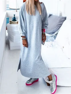 Women's Casual Dress Sweatshirt Dress Winter Dress Long Dress Maxi Dress Split Outdoor Street Daily Active Fashion Crew Neck Long Sleeve 2023 Loose Fit Gray Color S M L XL Size -HANs Plus Size Style Shop oaqoxc1695292952836