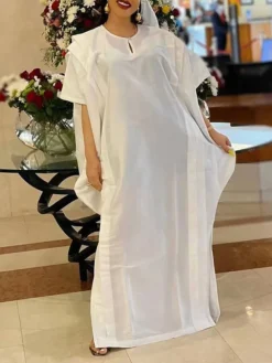Women‘s Plus Size Curve Casual Dress Shift Dress Kaftan Dress Solid Color Long Dress Maxi Dress Half Sleeve Ruffle Crew Neck Elegant Vacation White Yellow Summer Spring One Size -HANs Plus Size Style Shop obclih1677653320513