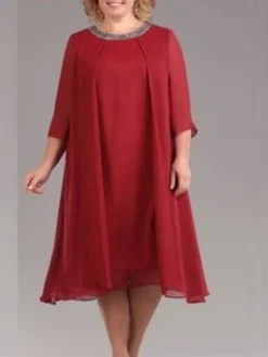 Women‘s Plus Size Curve Work Dress Chiffon Dress Swing Dress Fashion Midi Dress Layered Fake Two Piece Crew Neck 3/4 Length Sleeve Plain Regular Fit Black Red Navy Blue Summer Spring -HANs Plus Size Style Shop obcvil1691042501947