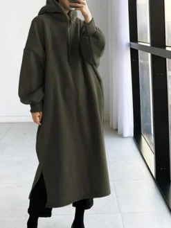 Women's Casual Dress Hoodie Dress Winter Dress Midi Dress Split Outdoor Daily Going Out Fashion Streetwear Hooded Long Sleeve 2023 Loose Fit Black Green Army Green Color S M L XL XXL Size -HANs Plus Size Style Shop obcyvs1693880168571