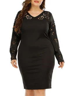 Women‘s Plus Size Curve Work Dress Sheath Dress Black Dress Fashion Midi Dress Cut Out V Neck Long Sleeve Plain Regular Fit Black Fall Winter XL XXL 3XL 4XL -HANs Plus Size Style Shop obgvex1691401418233
