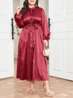 Women's Plus Size Prom Dress Party Dress Wedding Guest Dress Long Dress Maxi Dress Wine Long Sleeve Pure Color Lace Up Fall Winter Autumn Crew Neck Fashion Winter Dress Wedding Guest Evening Party -HANs Plus Size Style Shop oboohi1693210729087