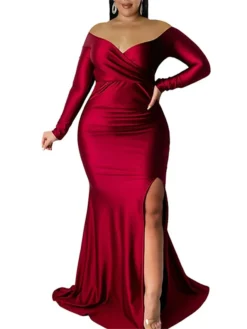 Women‘s Plus Size Curve Party Dress Sheath Dress Swing Dress Solid Color Long Dress Maxi Dress Long Sleeve Split Off Shoulder Fashion Party Black White Winter Fall L XL 3XL 4XL