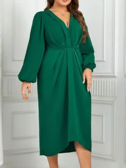 Women's Plus Size Curve Casual Dress A Line Dress Plain Midi Dress Long Sleeve Ruched V Neck Fashion Outdoor Green Fall Winter XL XXL 3XL 4XL -HANs Plus Size Style Shop ocbzyl1695279808287