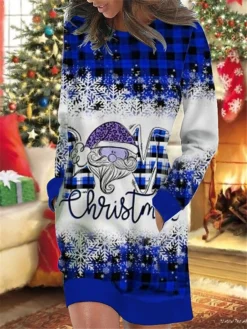 Women's Christmas Casual Dress Sweatshirt Dress Mini Dress Warm Fashion OutdoorHoliday Crew Neck Pocket Print Geometric Santa Claus Snowflake Loose Fit Red Blue Green S M L XL XXL -HANs Plus Size Style Shop ocibdn1695644562555