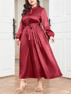 Women's Plus Size Prom Dress Party Dress Wedding Guest Dress Long Dress Maxi Dress Wine Long Sleeve Pure Color Lace Up Fall Winter Autumn Crew Neck Fashion Winter Dress Wedding Guest Evening Party -HANs Plus Size Style Shop ocsdvd1693210727671