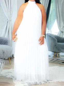 Women's Plus Size Curve Shift Dress Solid Color Halter Neck Ruched Sleeveless Spring Summer Basic Maxi Long Dress Casual Daily Dress -HANs Plus Size Style Shop odgpew1654676765946