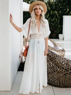 Women's Casual Dress Swing Dress Long Dress Maxi Dress Black White Half Sleeve Pure Color Summer Spring V Wire Casual Loose Fit 2023 One-Size -HANs Plus Size Style Shop odinfi1622115294317