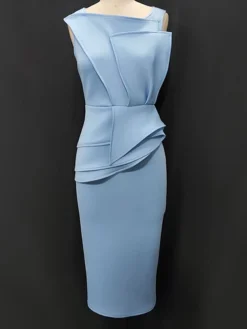 Women's Plus Size Curve Party Dress Bodycon Sheath Dress Plain Midi Dress Sleeveless Ruffle Crew Neck Fashion Party Sky Blue Spring Fall XL XXL 3XL 4XL -HANs Plus Size Style Shop odjrrg1694425964378