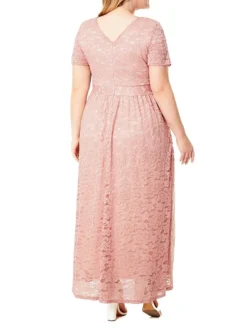 Women's Plus Size Curve Party Dress Lace Dress Sheath Dress Solid Color Long Dress Maxi Dress Short Sleeve Lace Ruched V Neck Fashion Wedding Pink Dark Blue Spring Fall XL XXL 3XL 4XL 5XL -HANs Plus Size Style Shop odkdse1693533321804