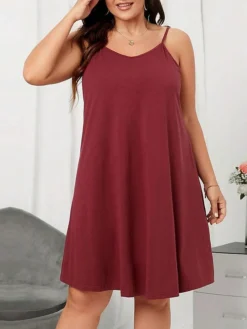 Women's Plus Size T Shirt Dress Casual Dress Shift Dress Plain Backless V Neck Mini Dress Fashion Streetwear Outdoor Street Sleeveless Loose Fit Wine Summer Spring XL XXL 3XL -HANs Plus Size Style Shop odqwyn1692341601112