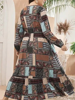 Women's Plus Size Curve Work Dress Swing Dress Semi Formal Dress Fashion Long Dress Maxi Dress Print V Neck Long Sleeve Geometric Paisley Regular Fit Khaki Fall Winter L XL XXL 3XL 4XL -HANs Plus Size Style Shop odrdqg1693280728908