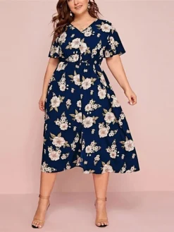 Women‘s Plus Size Curve Casual Dress A Line Dress Floral Dress Floral Midi Dress Short Sleeve Print V Neck Fashion Daily Black White Spring Summer L XL XXL 3XL -HANs Plus Size Style Shop oefxfm1672800355460