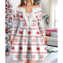 Women's Christmas Swing Dress Vintage Dress Mini Dress Green Light Green Wine Red Navy Blue White Long Sleeve Snowman Tree Snowflake Backless Feather Print Winter Fall Off Shoulder Vacation Stylish -HANs Plus Size Style Shop oefybe1667977591324