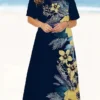 Women‘s Plus Size Curve Casual Dress Floral Long Dress Maxi Dress Short Sleeve Print Crew Neck Fashion Outdoor Red Dark Blue Summer Spring L XL XXL 3XL 4XL