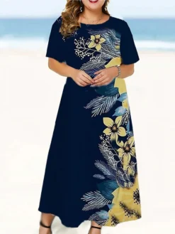 Women‘s Plus Size Curve Casual Dress Floral Long Dress Maxi Dress Short Sleeve Print Crew Neck Fashion Outdoor Red Dark Blue Summer Spring L XL XXL 3XL 4XL