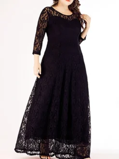 Women‘s Plus Size Curve Party Dress Solid Color Crew Neck Lace 3 4 Length Sleeve Spring Fall Casual Prom Dress Maxi Long Dress PartyEvening Casual Dress -HANs Plus Size Style Shop oejszc1634963334203