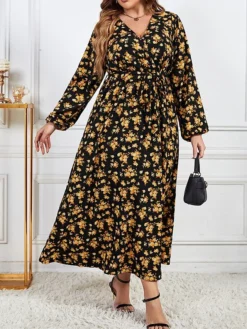 Women's Plus Size Curve Party Dress Swing Dress Empire Waist Dresses Long Dress Maxi Dress Black Long Sleeve Floral Print Spring Fall Winter V Neck Fashion Winter Dress Birthday Wedding Guest XL XXL -HANs Plus Size Style Shop oflady1692156452629