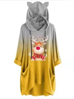 Women's Casual Dress Christmas Dress Hoodie Dress Ombre Deer Pocket Print Hooded Mini Dress Active Fashion Outdoor Christmas Long Sleeve Loose Fit Yellow Pink Orange Fall Winter S M L XL XXL -HANs Plus Size Style Shop ofobah1694594388516