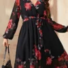 Women's Plus Size Curve Party Dress Cocktail Dress Wedding Guest Dress Midi Dress Black Long Sleeve Flower Lace Up Summer Spring Fall V Neck Fashion Wedding Guest Vacation Fall Dress L XL XXL 3XL 4XL