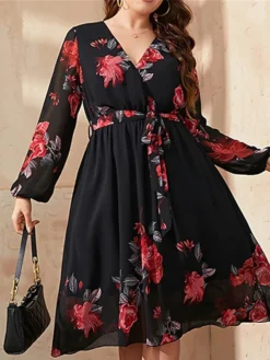 Women's Plus Size Curve Party Dress Cocktail Dress Wedding Guest Dress Midi Dress Black Long Sleeve Flower Lace Up Summer Spring Fall V Neck Fashion Wedding Guest Vacation Fall Dress L XL XXL 3XL 4XL