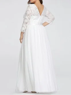 Women's Plus Size Curve Prom Dress Party Dress Lace Dress Long Dress Maxi Dress White Pink Wine 3/4 Length Sleeve Pure Color Lace Spring Fall Winter Crew Neck Fashion Birthday Evening Party -HANs Plus Size Style Shop ofvzmf1692156796081