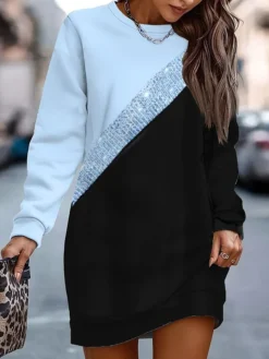 Women's Casual Dress Sweatshirt Dress Winter Dress Geometric Color Block Print Crew Neck Mini Dress Fashion Streetwear Outdoor Daily Long Sleeve Loose Fit Pink Blue Apricot Fall Winter S M L XL XXL -HANs Plus Size Style Shop ofxvuj1694071317028