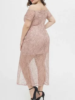 Women's Plus Size Prom Dress Party Dress Lace Dress Long Dress Maxi Dress Pink Short Sleeve Pure Color Lace Summer Spring Fall Off Shoulder Fashion Wedding Guest Birthday Evening Party 2023 XL XXL -HANs Plus Size Style Shop ogjers1691648059155