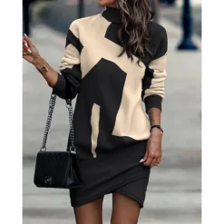 Women's Sweatshirt Dress Winter Dress Shift Dress Midi Dress Black And White Black Gray Black And White Stripes 3/4 Length Sleeve Print Print Fall Winter Autumn Turtleneck Fashion 2023 S M L XL 2XL -HANs Plus Size Style Shop ohanof1692265336681