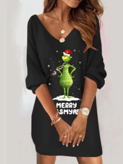 Women's Sweatshirt Dress Shift Dress Sweat Dress Mini Dress Black Light Green Red 3/4 Length Sleeve Grinch Print Spring Fall Winter V Neck Fashion Christmas Loose Fit 2023 S M L XL XXL 3XL -HANs Plus Size Style Shop ohvvep1668759253366
