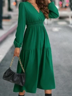 Women's Swing Dress Plain Dress Empire Waist Dresses Long Dress Maxi Dress Ruched Outdoor Street Daily Active Fashion V Neck Long Sleeve 2023 Regular Fit Blue Green Color S M L XL Size -HANs Plus Size Style Shop ohzhnc1694517619588