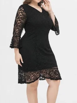 Women's Plus Size Party Dress Lace Dress Cocktail Dress Midi Dress Black 3/4 Length Sleeve Pure Color Lace Spring Fall Winter V Neck Fashion Winter Dress Birthday Wedding Guest 2023 XL XXL 3XL 4XL