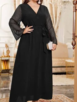 Women's Plus Size Prom Dress Party Dress Wedding Guest Dress Long Dress Maxi Dress Black Green Long Sleeve Pure Color Lace Up Fall Winter Autumn V Neck Fashion Winter Dress Wedding Guest Evening Party -HANs Plus Size Style Shop ojcjmv1693207138316