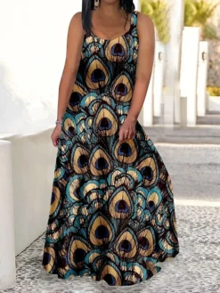Women's Plus Size Curve Casual Dress Swing Dress Strap Dress Peacock Feather Maxi Long Dress Sleeveless Print Strap Romantic Daily Deep Purple Deep Green Summer Spring L XL XXL 3XL 4XL -HANs Plus Size Style Shop ojvwvx1680773045573
