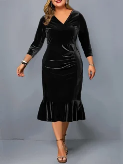 Women's Plus Size Curve Party Dress Velvet Dress Winter Dress Solid Color Midi Dress Long Sleeve Ruched V Neck Fashion Party Black Wine Fall Winter L XL XXL 3XL 4XL -HANs Plus Size Style Shop ojzyco1694591777960