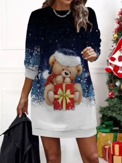 Women‘s Christmas Casual Dress Sweatshirt Dress Mini Dress Warm Fashion Outdoor Holiday Crew Neck Print Geometric Snowman Loose Fit Black Yellow Wine S M L XL XXL -HANs Plus Size Style Shop okeccf1695636468799
