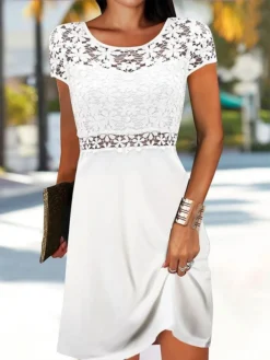 Women's Casual Dress Lace Dress White Dress Mini Dress Lace Outdoor Daily Date Fashion Streetwear Crew Neck Short Sleeve 2023 Regular Fit White Color S M L XL XXL Size