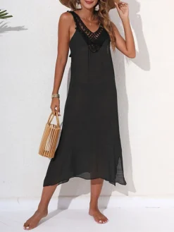 Women's Cover Up Beach Dress Beach Wear Midi Dress Backless Cut Out Basic Casual Plain V Neck Sleeveless Loose Fit Outdoor Daily Black White 2023 Spring Summer S M L XL -HANs Plus Size Style Shop okyeei1674988947147