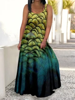 Women‘s Plus Size Curve Casual Dress Swing Dress Strap Dress Peacock Feather Long Dress Maxi Dress Sleeveless Print Strap Romantic Daily Deep Green Multicolor Summer Spring L XL XXL 3XL 4XL -HANs Plus Size Style Shop oljhdi1679050306298