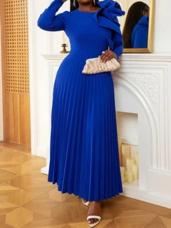 Women's Plus Size Curve Party Dress Work Dress Swing Dress Plain Long Dress Maxi Dress Long Sleeve Pleated Ruffle Crew Neck Fashion Party Blue Fall Winter XL XXL 3XL 4XL -HANs Plus Size Style Shop olvddl1694425970101