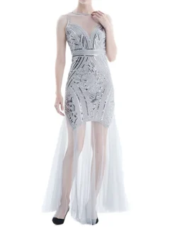 Women's Retro 1920s Sequin Dress Long Dress Maxi Dress Party Halloween Sequins Mesh Geometric Crewneck Sleeveless Regular Fit Spring Fall 2023 Black Pink S M L XL -HANs Plus Size Style Shop olzxor1692947723775