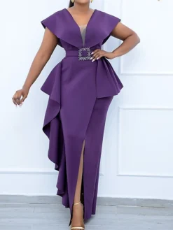 Women's Plus Size Curve Party Dress Solid Color V Neck Short Sleeve Spring Summer Prom Dress Maxi Long Dress Party Dress -HANs Plus Size Style Shop omerzc1652684133717