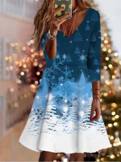 Women's Christmas Swing Dress Vintage Dress Mini Dress Wine Light Red Dark Blue Long Sleeve Deer Patchwork Winter Fall Autumn V Neck Vacation 2022 S M L XL XXL 3XL 4XL 5XL 6XL -HANs Plus Size Style Shop omhdfq1667904077247