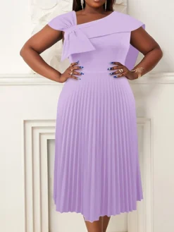 Women‘s Plus Size Curve Party Dress Cocktail Dress Wedding Guest Dress Midi Dress Purple Green Short Sleeve Pure Color Pleated Summer Spring Fall V Neck Fashion Wedding Guest Vacation Summer Dress