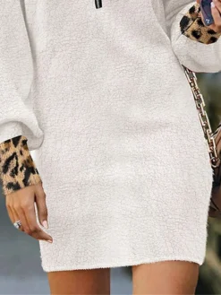 Women's Casual Dress Sweatshirt Dress Winter Dress Leopard Zipper Fleece Lapel Mini Dress Fashion Modern Street Daily Long Sleeve Loose Fit White Fall Winter S M L XL XXL -HANs Plus Size Style Shop omofwu1694502566099