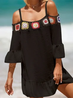 Women's Cover Up Beach Dress Beach Wear Mini Dress Ruffle Backless Ethnic Casual Floral Spaghetti Strap 3/4 Length Sleeve Loose Fit Outdoor Daily Black White 2023 Spring Summer One Size -HANs Plus Size Style Shop omqfms1672903079779
